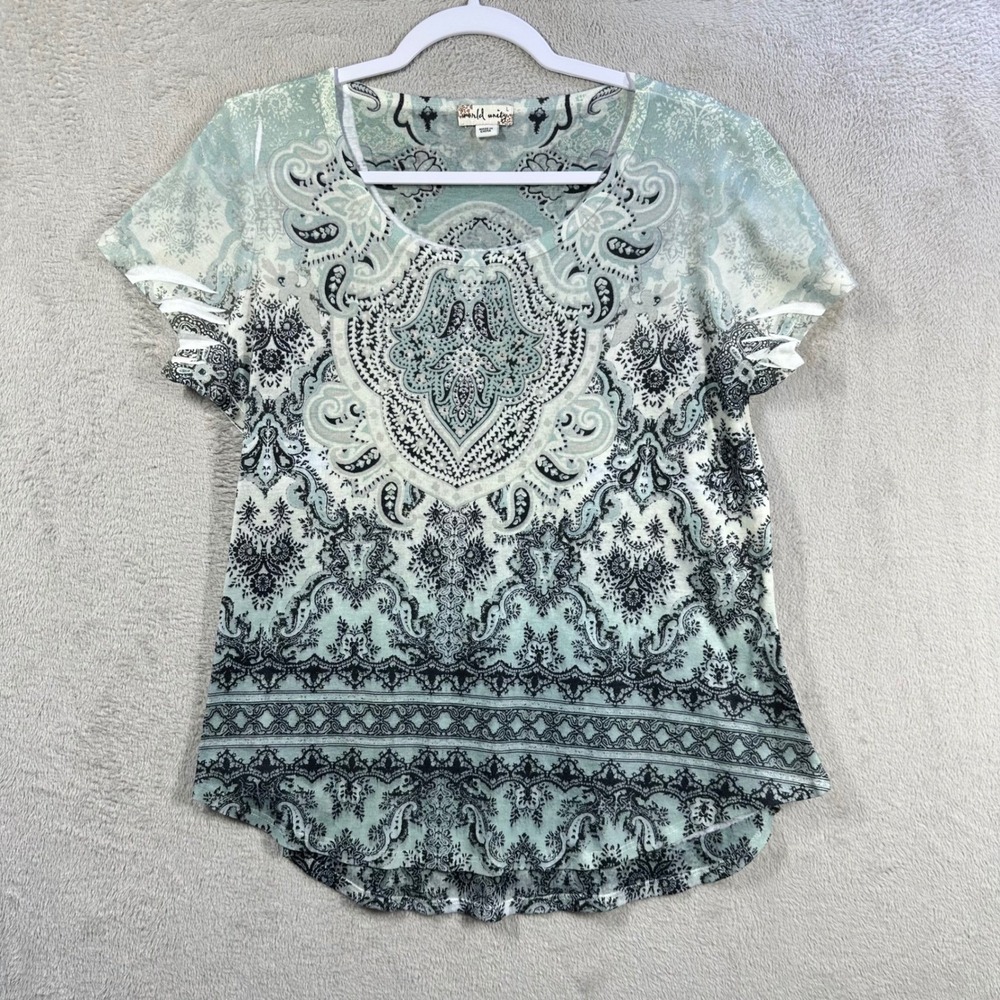 World Unity Top Women L Mint Green Paisley Rhinestone Boho Whimsical